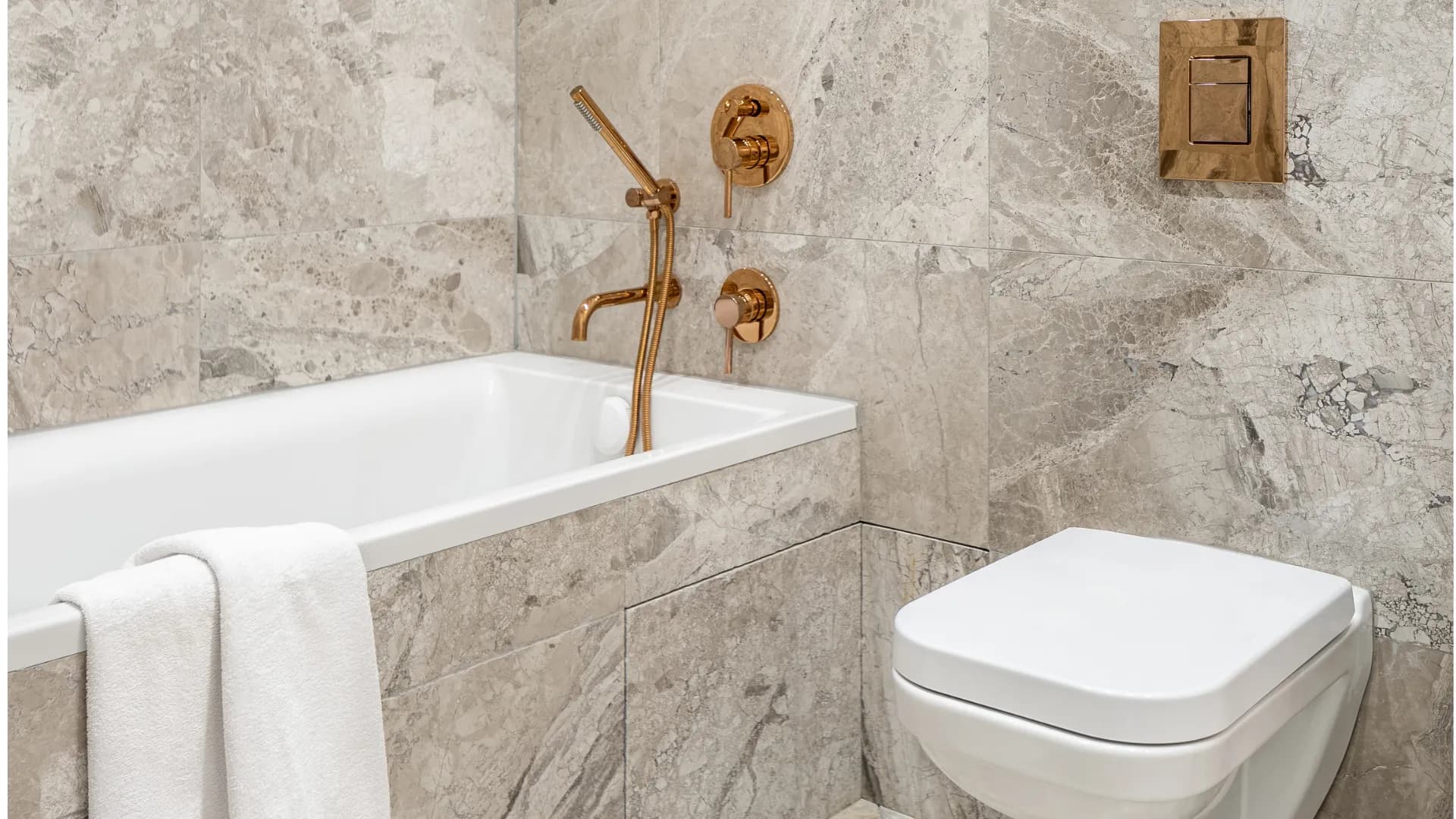 Marble bath, brushed copper